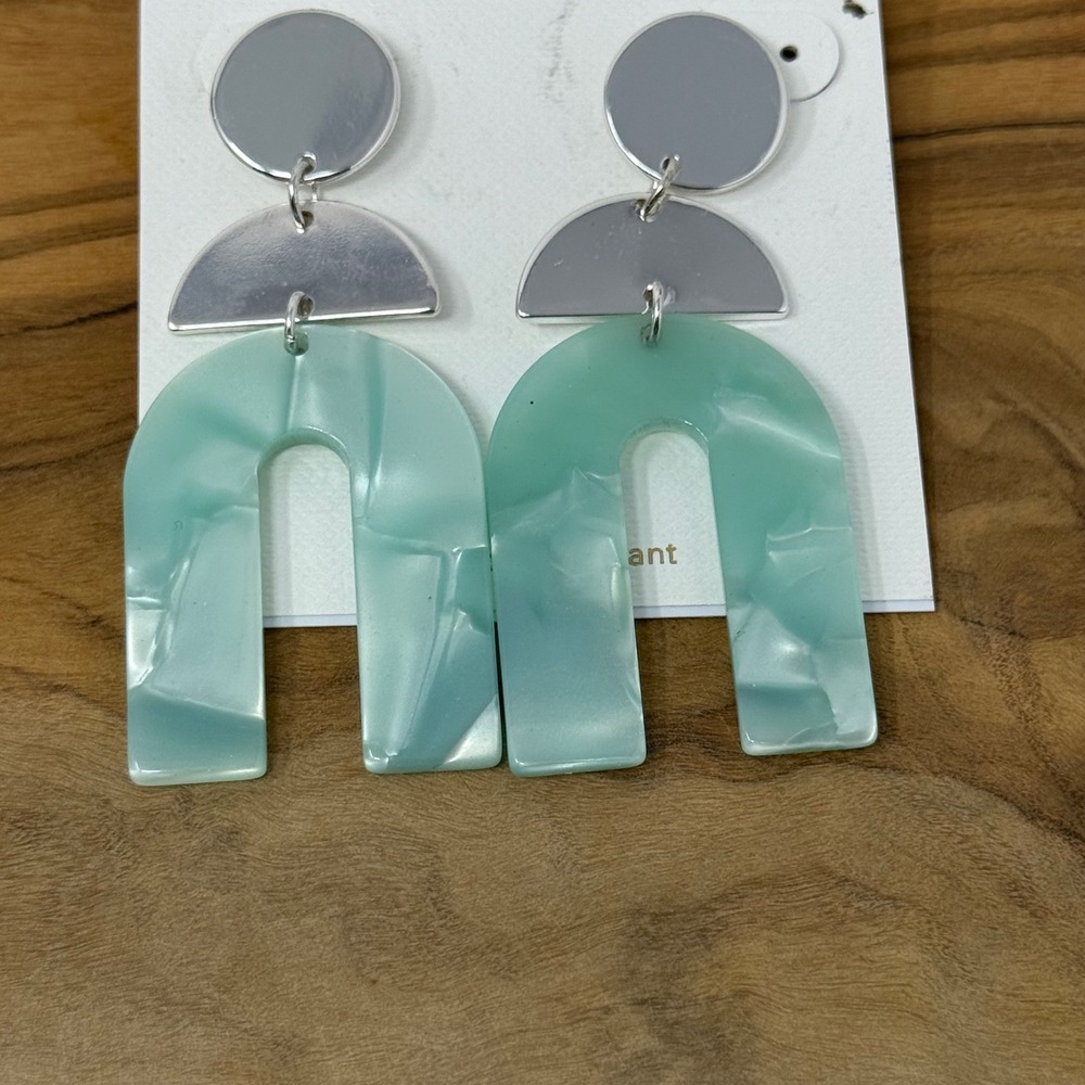Panacea Geometric Drop Earrings Mint Green Silver Marbled Resin Boho Modern - Picture 2 of 5